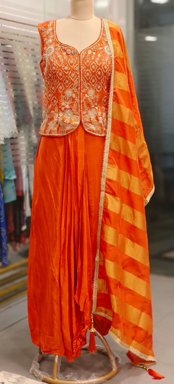 Zardosi Ensemble Sleeveless Top With Drape Skirt & Golden Striped Dupatta (Attached sleeves Inside)