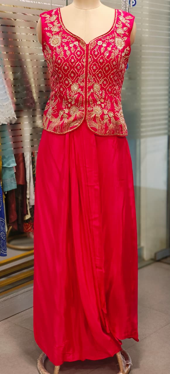 Zardosi Ensemble Sleeveless Top With Drape Skirt & Golden Striped Dupatta (Attached sleeves Inside)