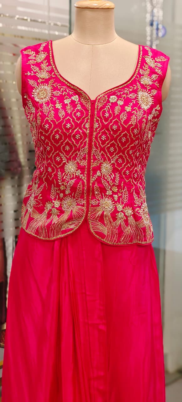 Zardosi Ensemble Sleeveless Top With Drape Skirt & Golden Striped Dupatta (Attached sleeves Inside)