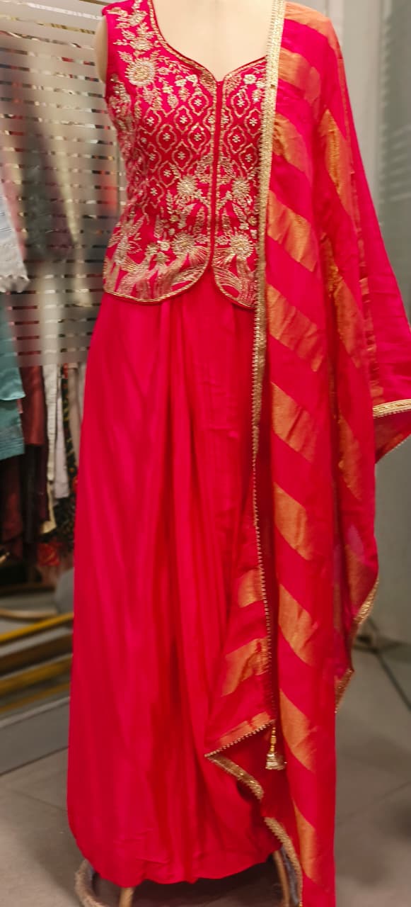 Zardosi Ensemble Sleeveless Top With Drape Skirt & Golden Striped Dupatta (Attached sleeves Inside)