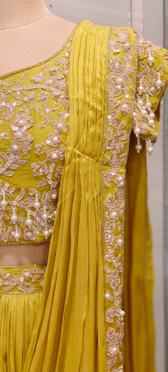 Sequin Embroidered With Heavy Pearl Tassel Blouse & Drape Skirt Saree Style Outfit