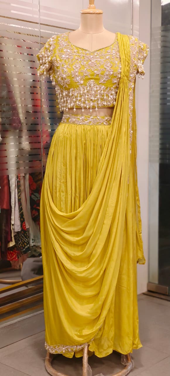 Sequin Embroidered With Heavy Pearl Tassel Blouse & Drape Skirt Saree Style Outfit