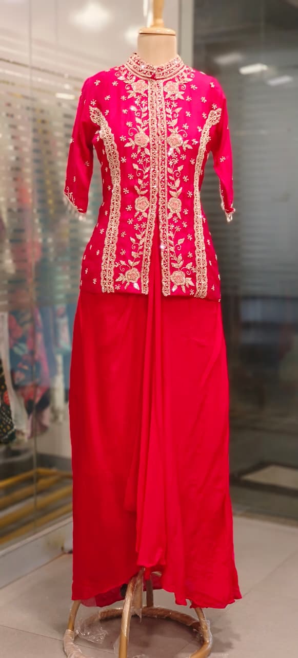Beautiful Cut Dana Hand Embroidered Work Tasselled Short Kurta & Drape Skirt Indo Western Wear