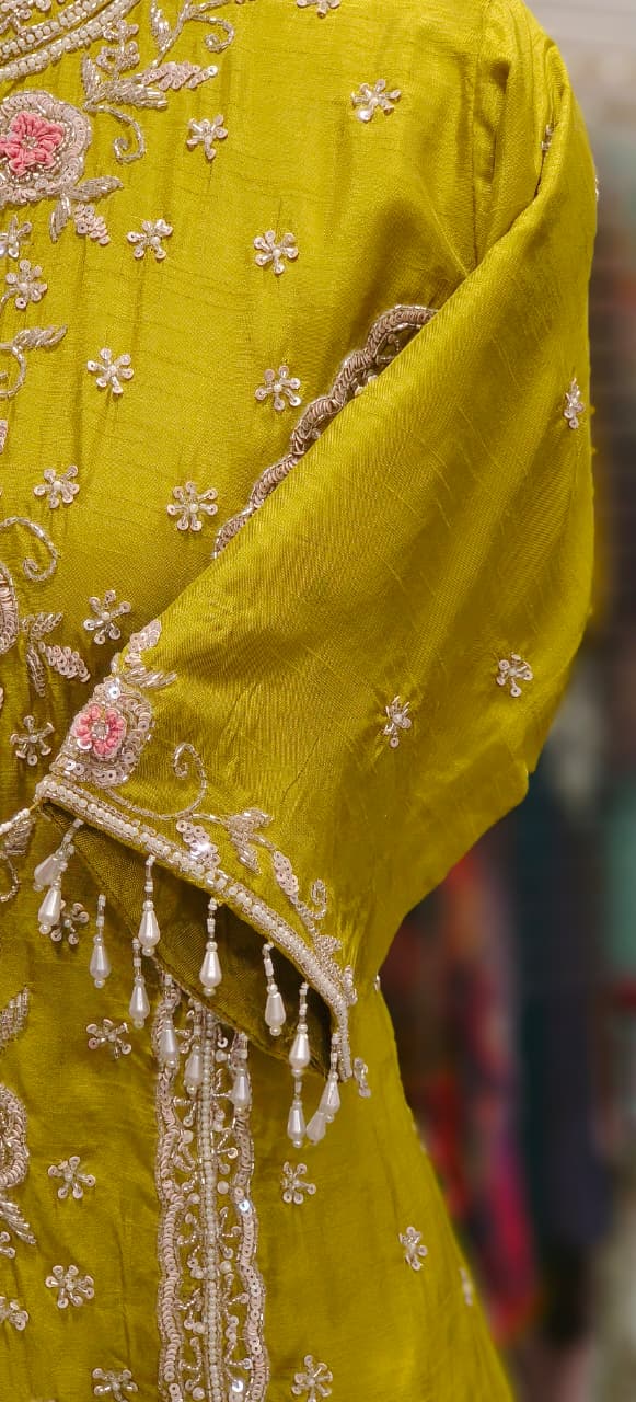 Beautiful Cut Dana Hand Embroidered Work Tasselled Short Kurta & Drape Skirt Indo Western Wear