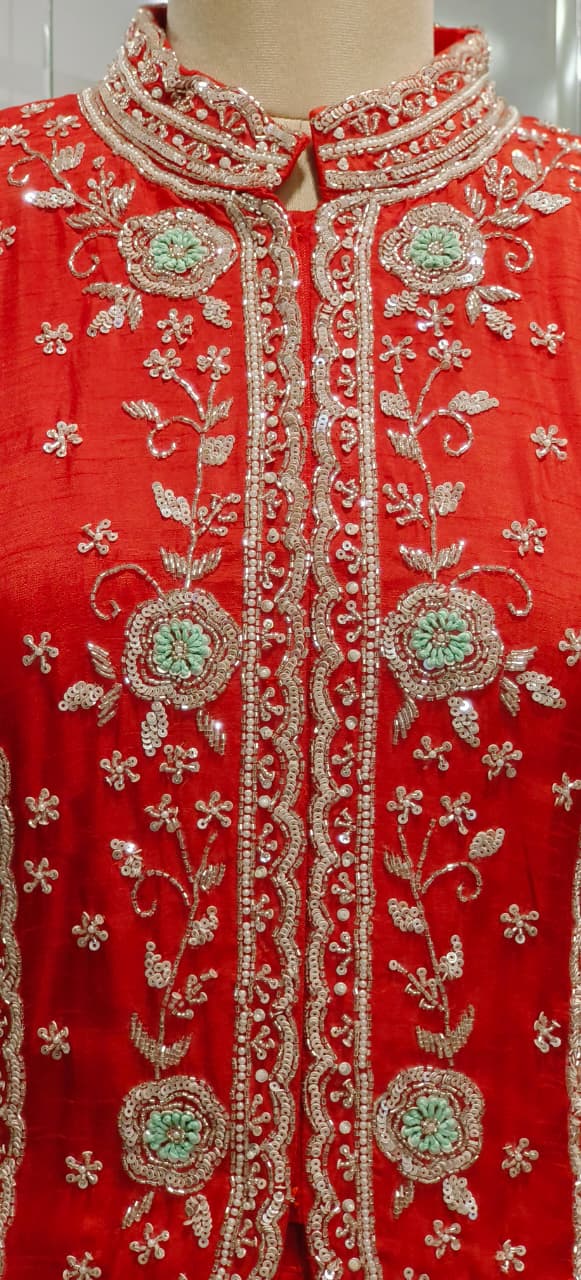 Beautiful Cut Dana Hand Embroidered Work Tasselled Short Kurta & Drape Skirt Indo Western Wear