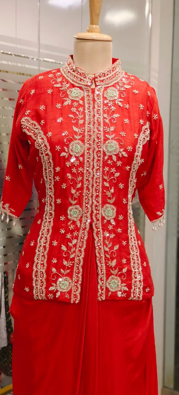 Beautiful Cut Dana Hand Embroidered Work Tasselled Short Kurta & Drape Skirt Indo Western Wear