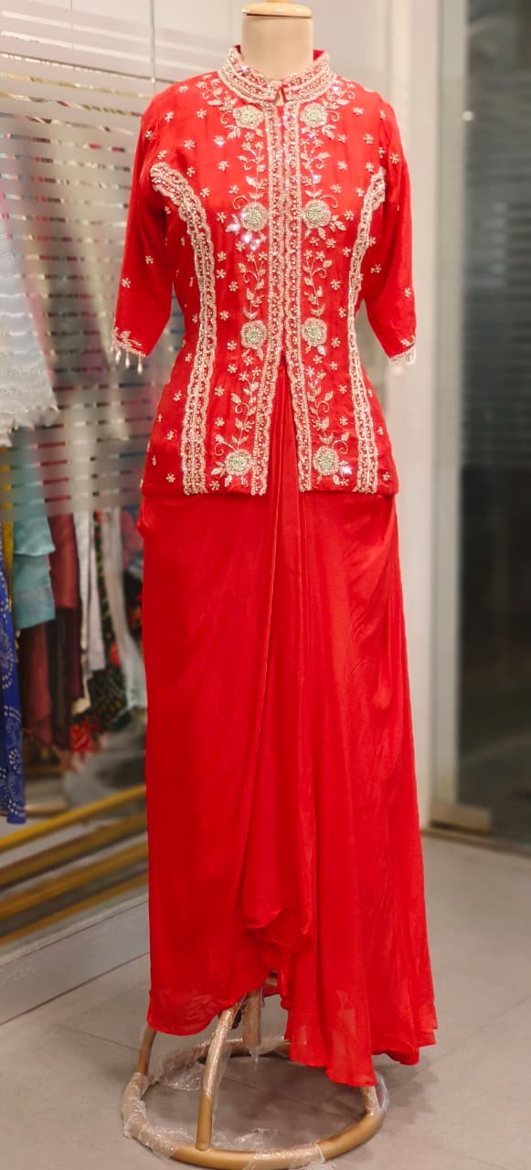 Beautiful Cut Dana Hand Embroidered Work Tasselled Short Kurta & Drape Skirt Indo Western Wear