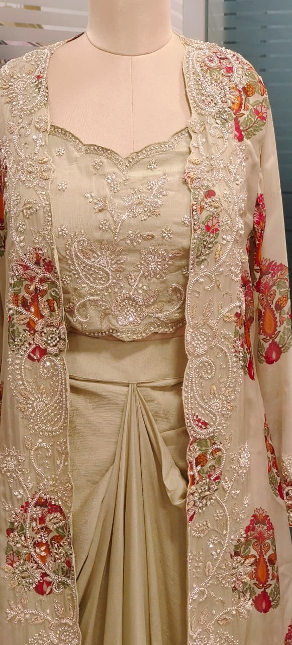 Pastel Elegance Mini Pearl Floral Print Shrug With Buster & Drape Skirt
