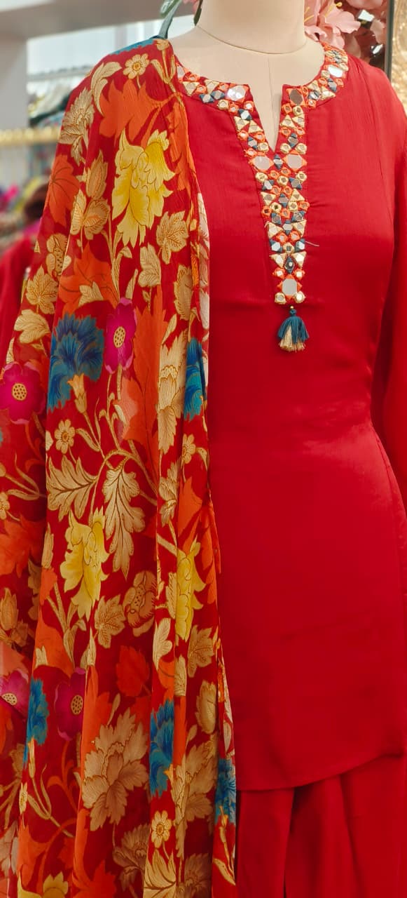 Real Mirror Over Thread Coil Neck A-Line Short Length Kurta With Farsi Bottom & Floral Dupatta In Chinon Fabric-1201,