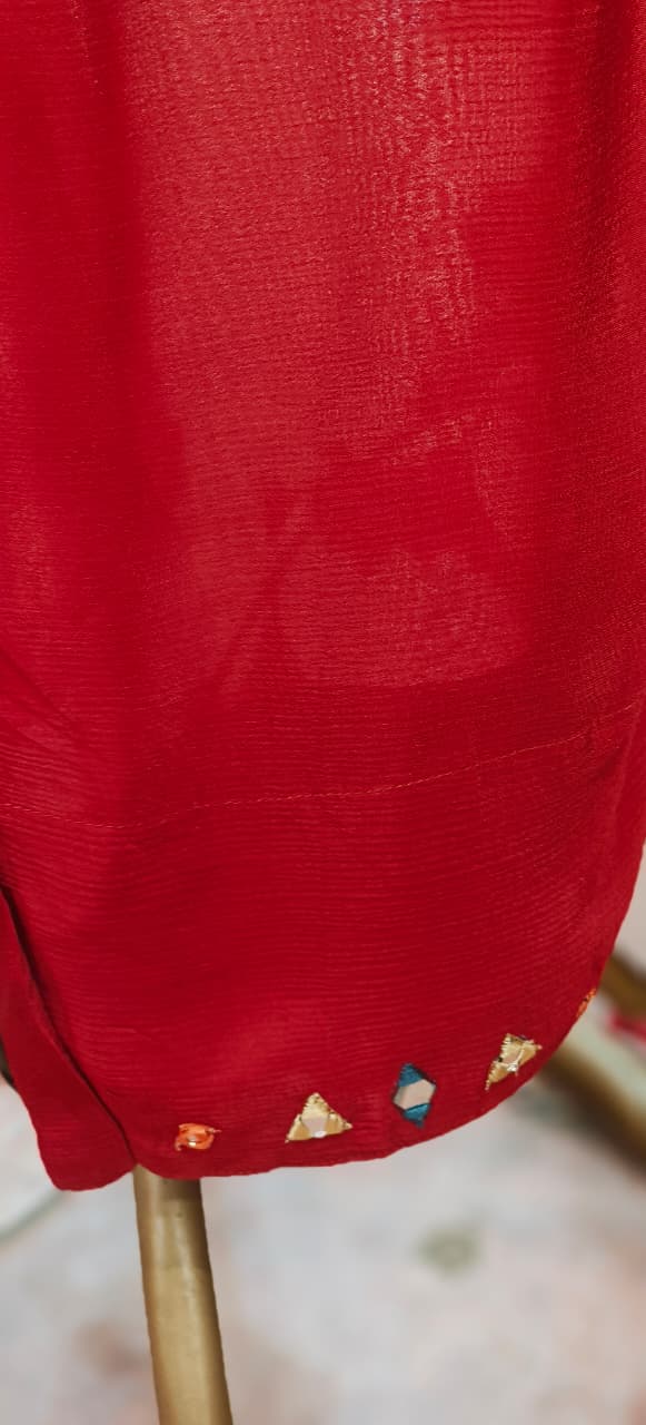 Real Mirror Over Thread Coil Neck A-Line Short Length Kurta With Farsi Bottom & Floral Dupatta In Chinon Fabric-1201,