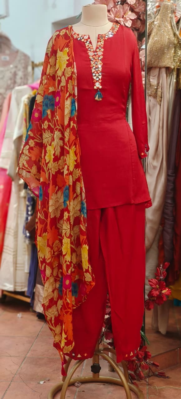 Real Mirror Over Thread Coil Neck A-Line Short Length Kurta With Farsi Bottom & Floral Dupatta In Chinon Fabric-1201,