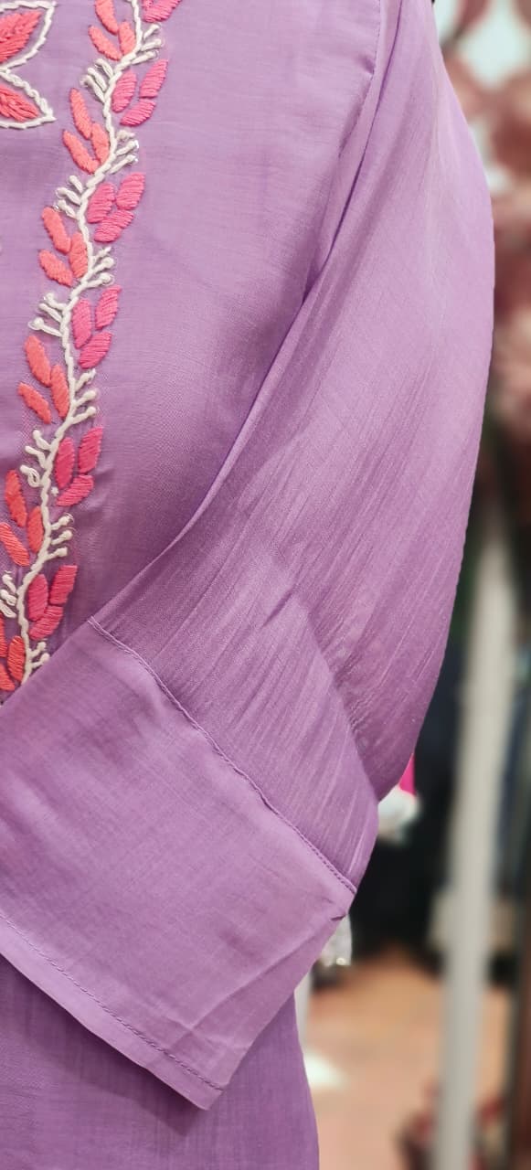 Katha Thread Embroidered Soft Tone Full Suit Set With Dupatta In Surat Mul Chanderi Fabric- 12002, 12005