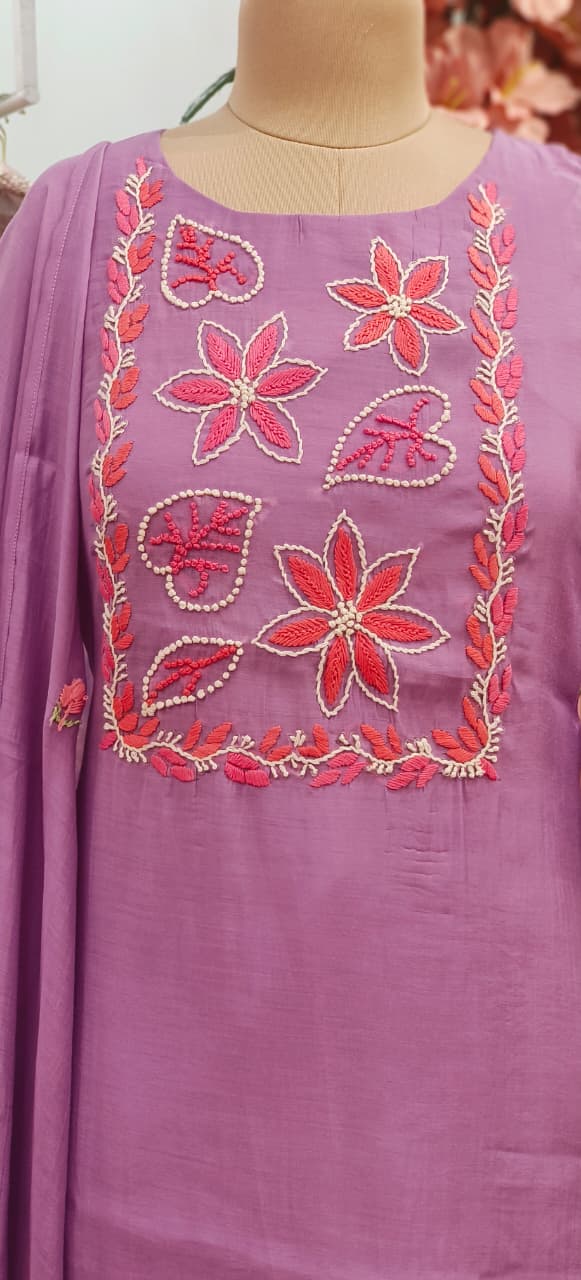Katha Thread Embroidered Soft Tone Full Suit Set With Dupatta In Surat Mul Chanderi Fabric- 12002, 12005
