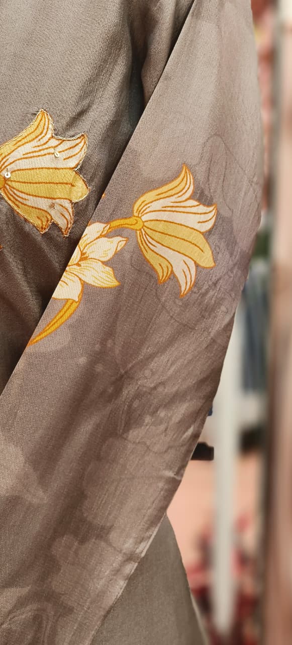 Floral Patch Elegance Off Tiny Pearl Embroidered Full Suit Set With Dupatta In Dola Silk Fabric-11996