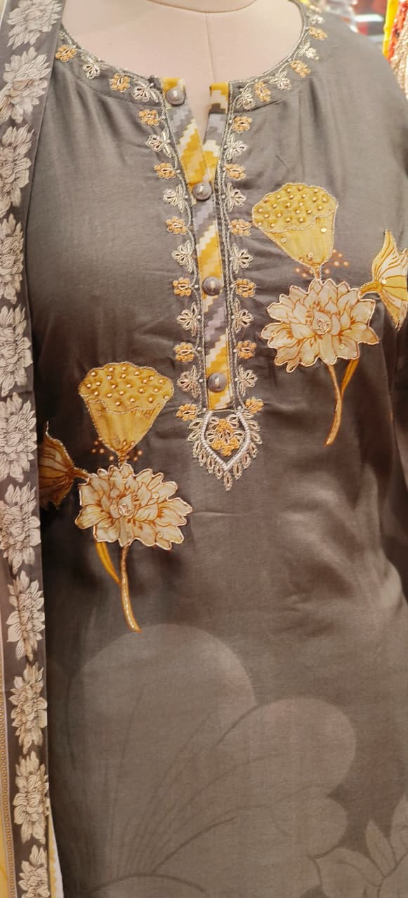 Floral Patch Elegance Off Tiny Pearl Embroidered Full Suit Set With Dupatta In Dola Silk Fabric-11996