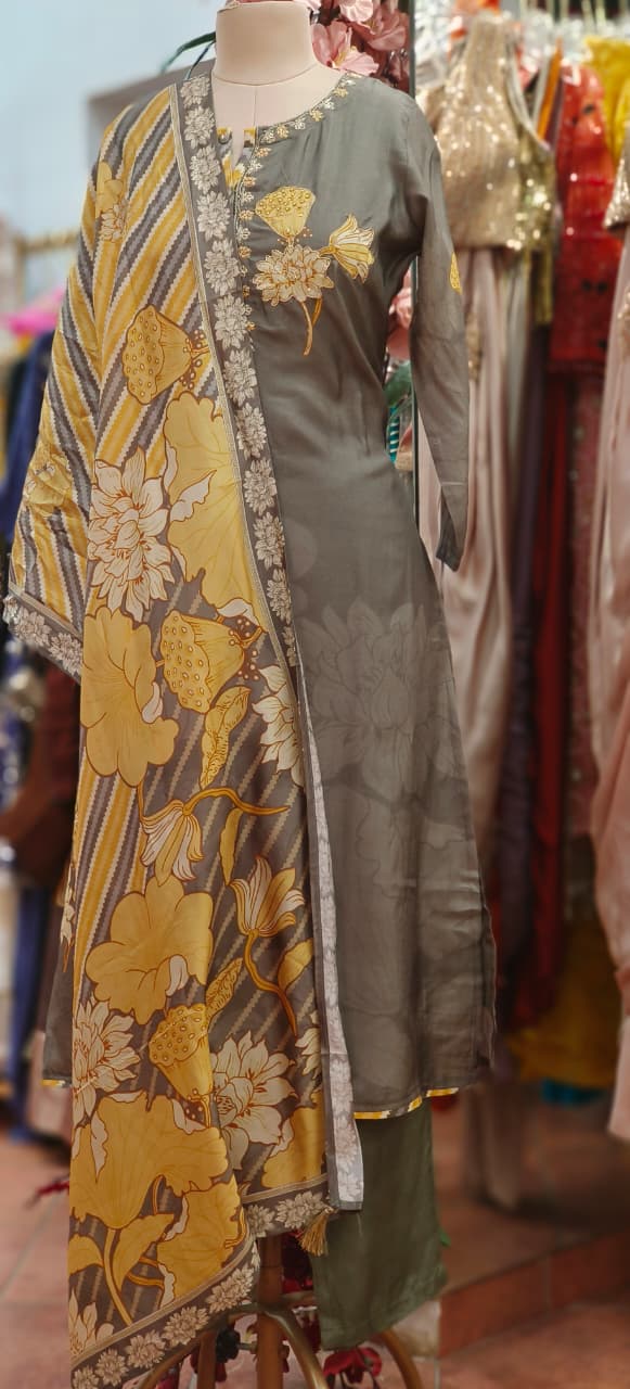 Floral Patch Elegance Off Tiny Pearl Embroidered Full Suit Set With Dupatta In Dola Silk Fabric-11996