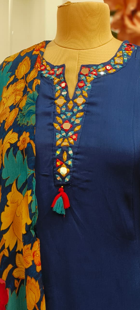 Real Mirror Over Thread Coil Neck A-Line Short Length Kurta With Farsi Bottom & Floral Dupatta In Chinon Fabric-1201,