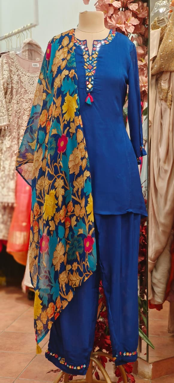 Real Mirror Over Thread Coil Neck A-Line Short Length Kurta With Farsi Bottom & Floral Dupatta In Chinon Fabric-1201,