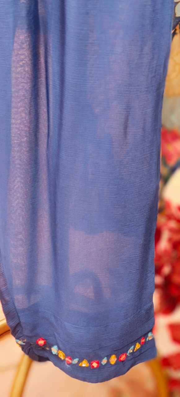 Real Mirror Over Thread Coil Neck A-Line Short Length Kurta With Farsi Bottom & Floral Dupatta In Chinon Fabric-1201,