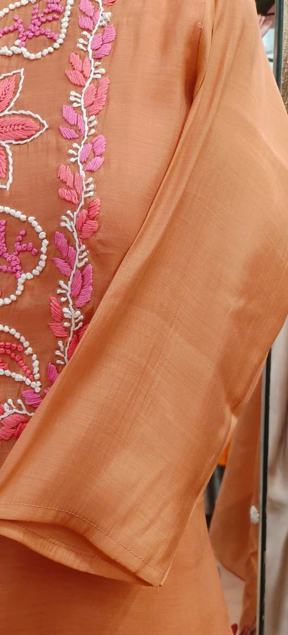 Katha Thread Embroidered Soft Tone Full Suit Set With Dupatta In Surat Mul Chanderi Fabric- 12002, 12005