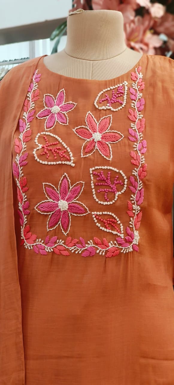 Katha Thread Embroidered Soft Tone Full Suit Set With Dupatta In Surat Mul Chanderi Fabric- 12002, 12005