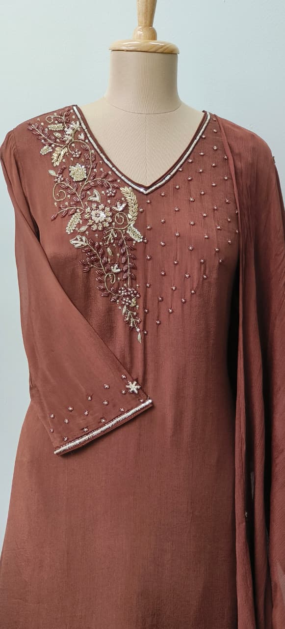 Beads Ensemble Cut Dana Front Work Solid Full Suit Set With Dupatta In Crepe Fabric- 11941