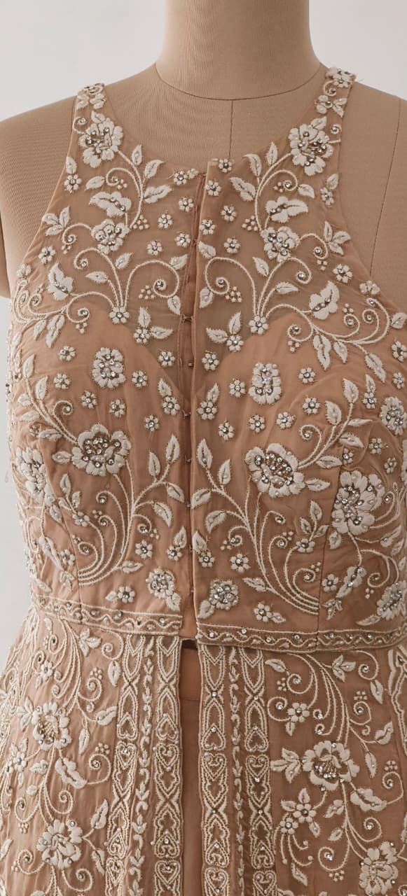 Thread Emboidered Stone Overlay Unique Back Style Front Slitted Sleeveless Anarkali With Bottom & Dupatta- 12044
