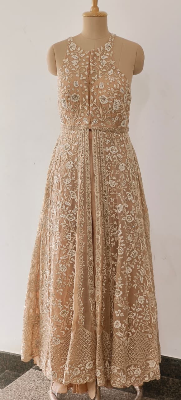 Thread Emboidered Stone Overlay Unique Back Style Front Slitted Sleeveless Anarkali With Bottom & Dupatta- 12044