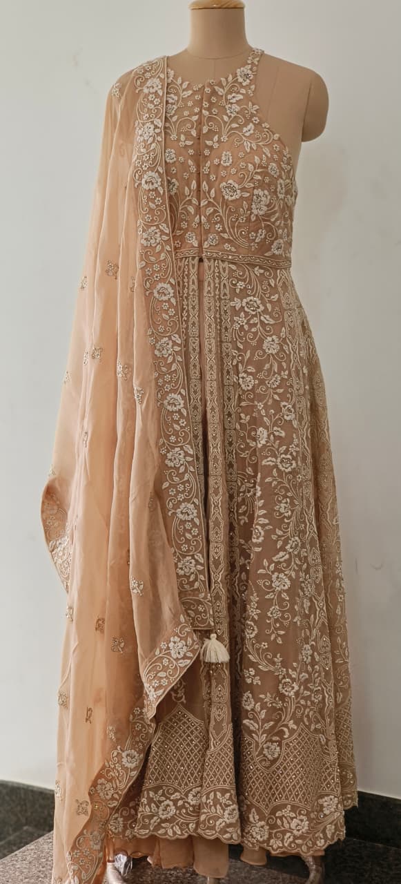 Thread Emboidered Stone Overlay Unique Back Style Front Slitted Sleeveless Anarkali With Bottom & Dupatta- 12044