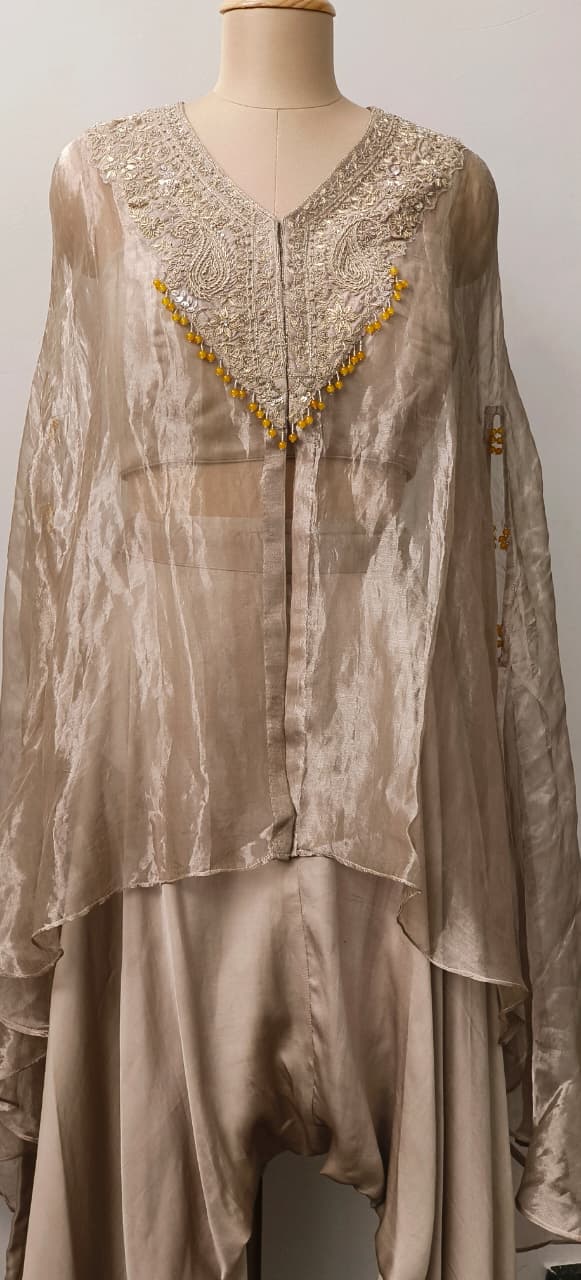 Royal Zardosi Embroidered Pure Tissue Kaftan With Padded Buster & Stylish Cowl Style Box Crepe Bottom