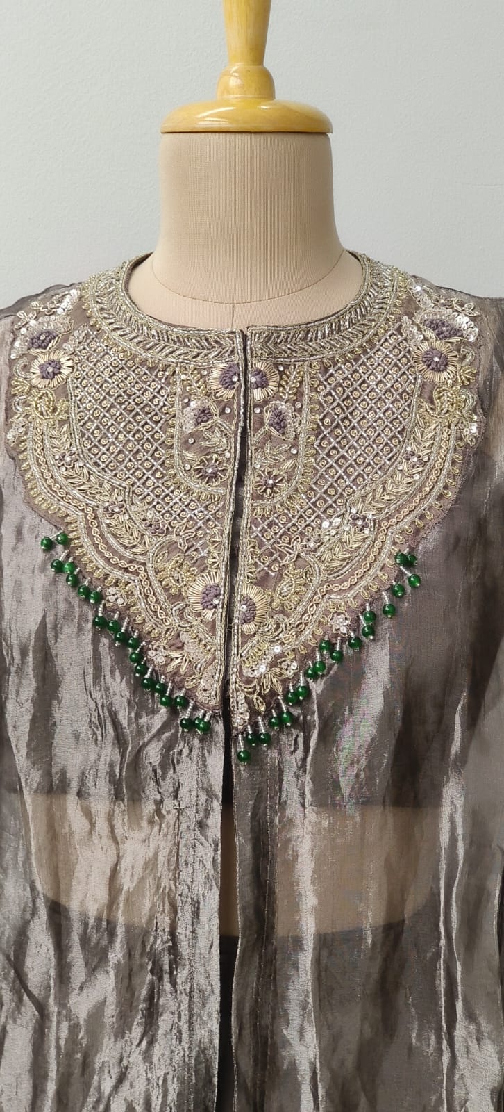 Royal Zardosi Embroidered Pure Tissue Kaftan With Padded Buster & Stylish Cowl Style Box Crepe Bottom