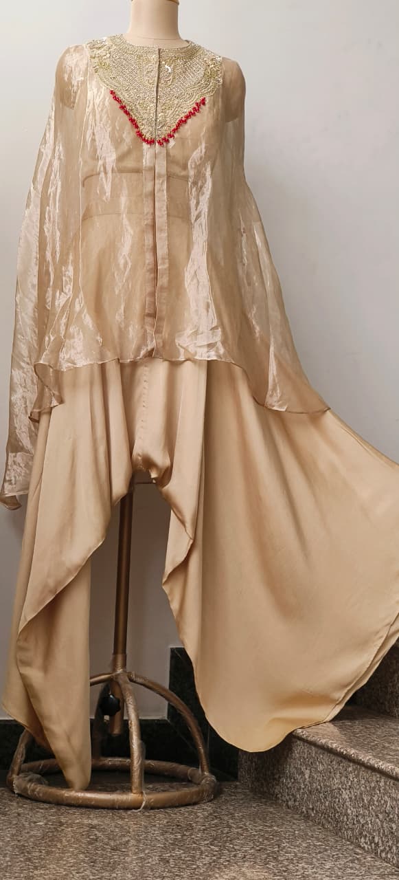 Royal Zardosi Embroidered Pure Tissue Kaftan With Padded Buster & Stylish Cowl Style Box Crepe Bottom