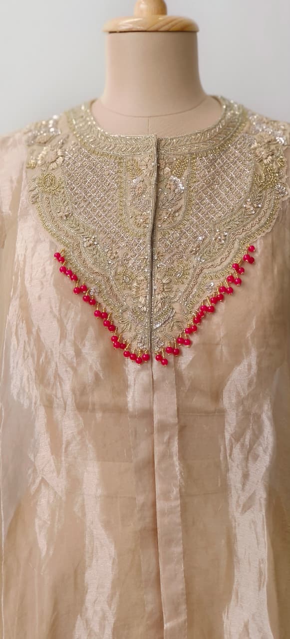 Royal Zardosi Embroidered Pure Tissue Kaftan With Padded Buster & Stylish Cowl Style Box Crepe Bottom