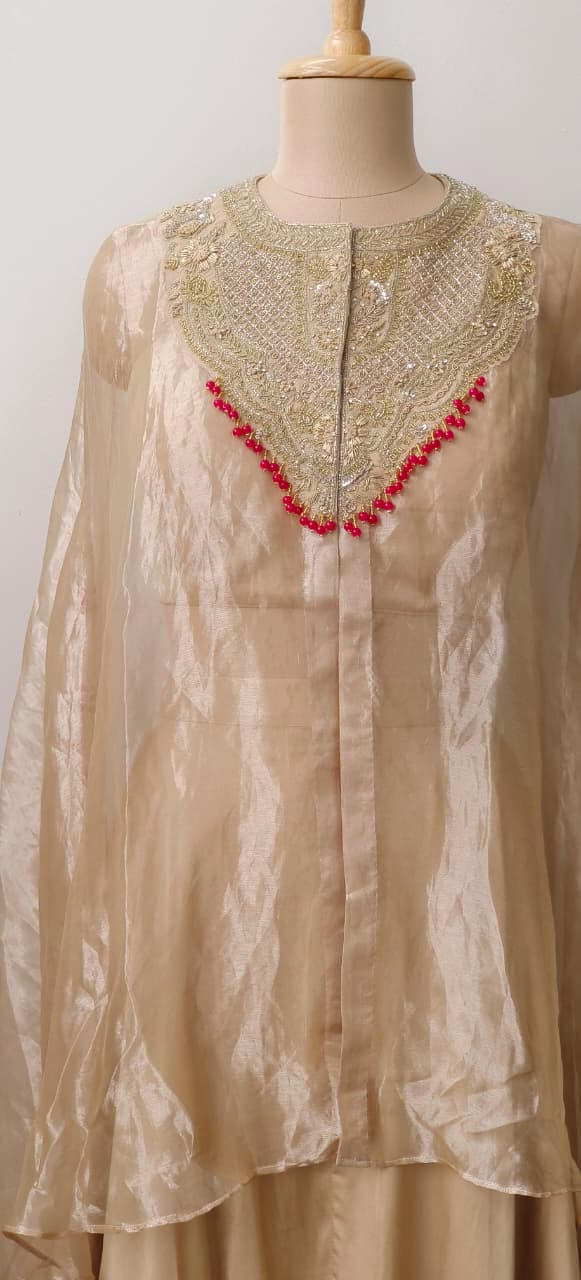 Royal Zardosi Embroidered Pure Tissue Kaftan With Padded Buster & Stylish Cowl Style Box Crepe Bottom