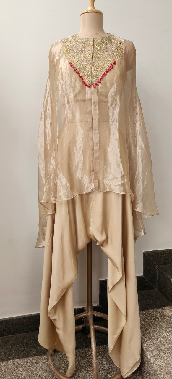 Royal Zardosi Embroidered Pure Tissue Kaftan With Padded Buster & Stylish Cowl Style Box Crepe Bottom