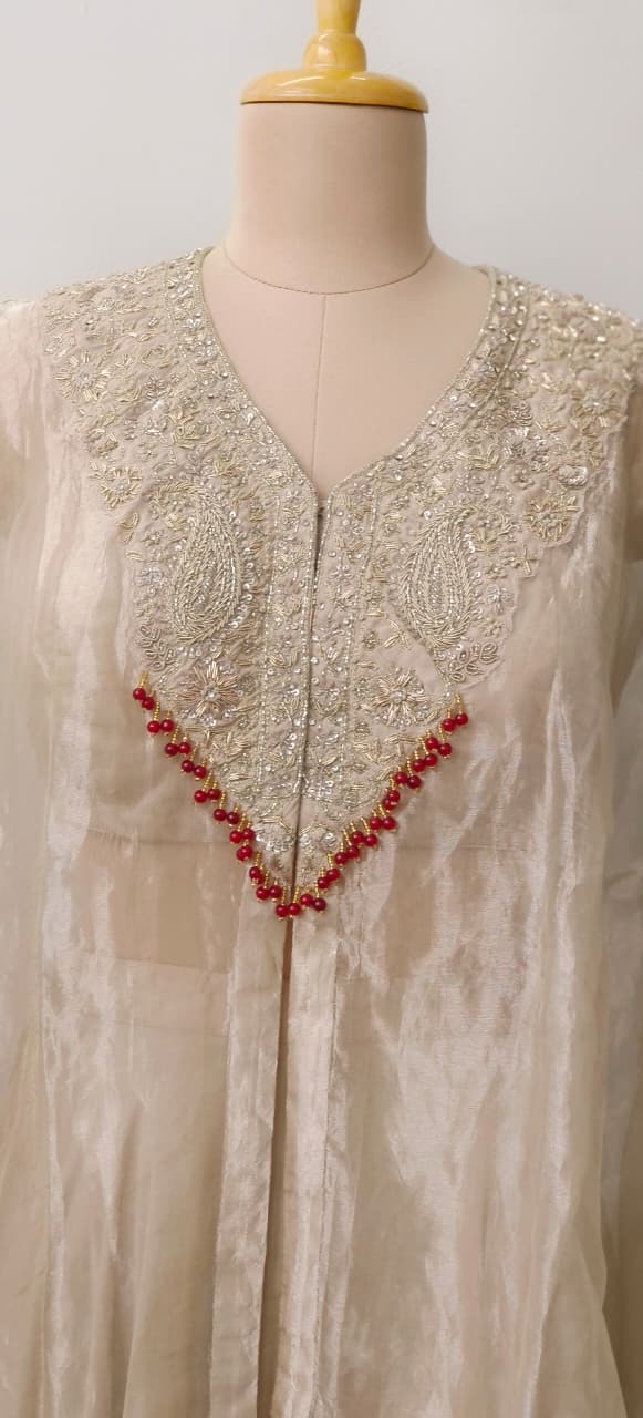 Royal Zardosi Embroidered Pure Tissue Kaftan With Padded Buster & Stylish Cowl Style Box Crepe Bottom