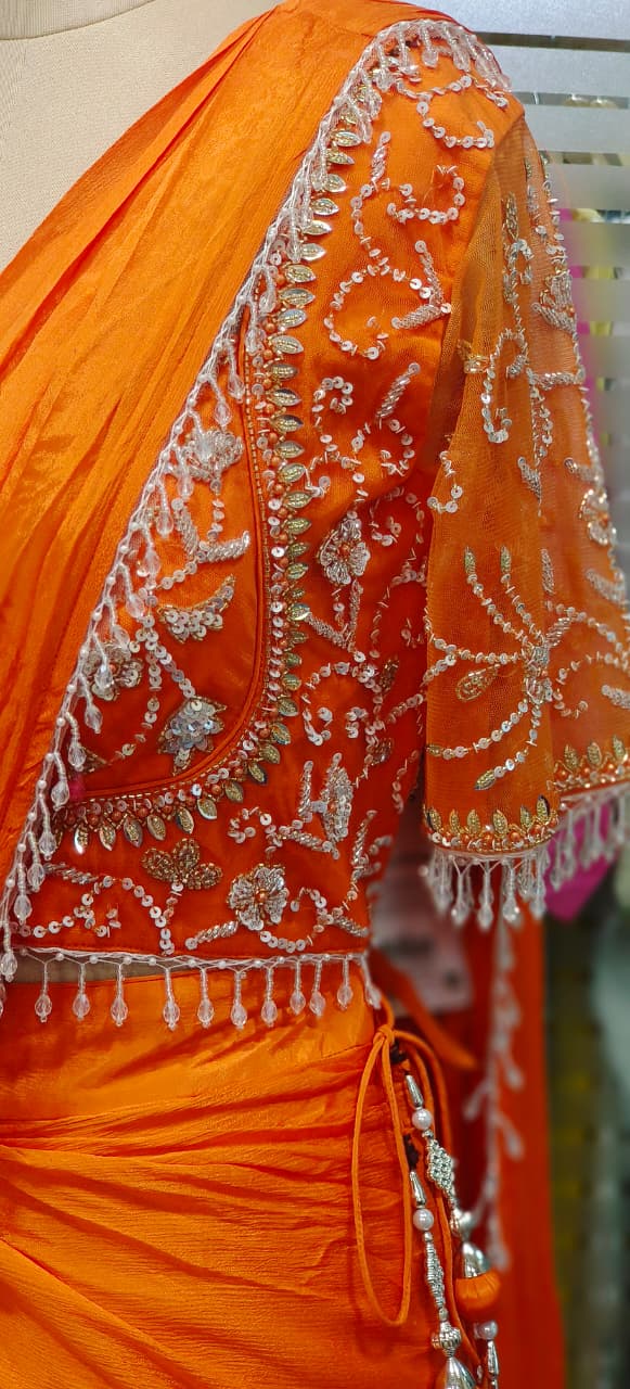 Crystal Tasselled Unique Cut Handworked Blouse With Drape Skirt Indo Western Wear