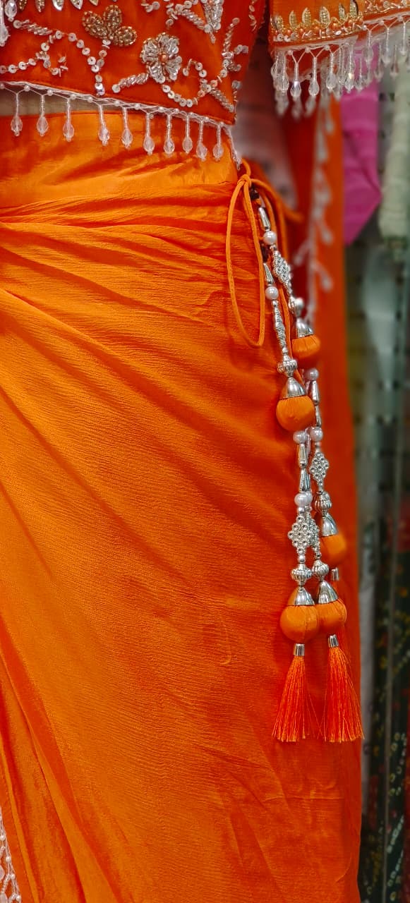 Crystal Tasselled Unique Cut Handworked Blouse With Drape Skirt Indo Western Wear