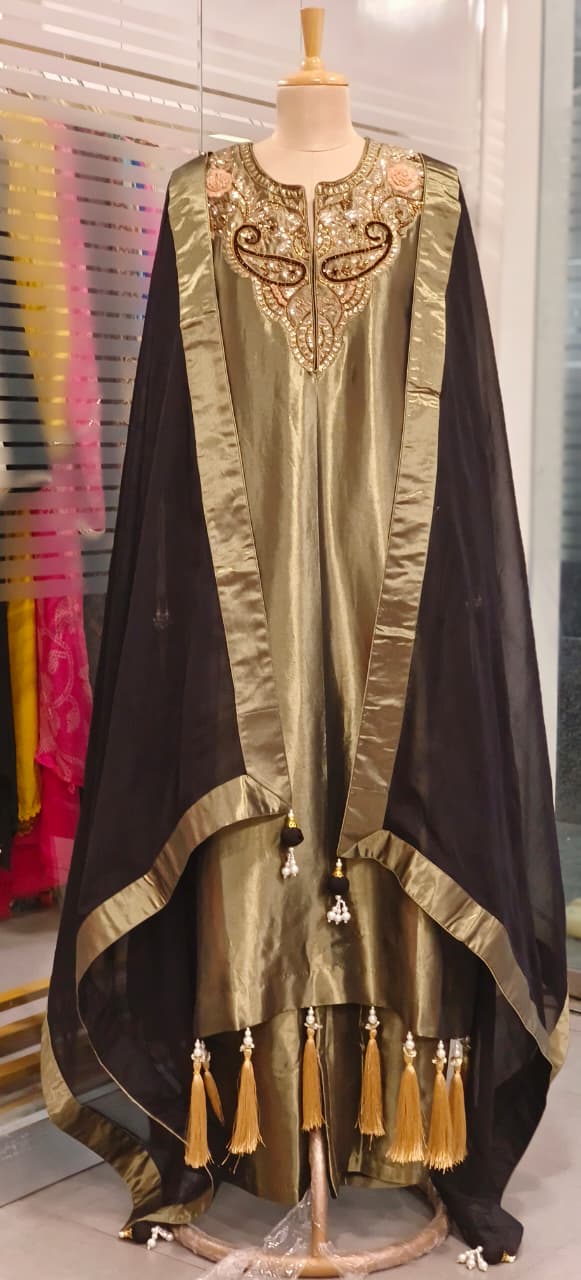 Rich Pure Tissue Fabric Kurta in Metallic Tone with Mirror and Thread Embroidery and Delicate Tassel Border