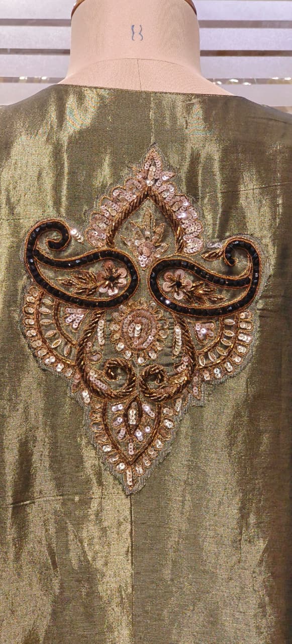 Rich Pure Tissue Fabric Kurta in Metallic Tone with Mirror and Thread Embroidery and Delicate Tassel Border