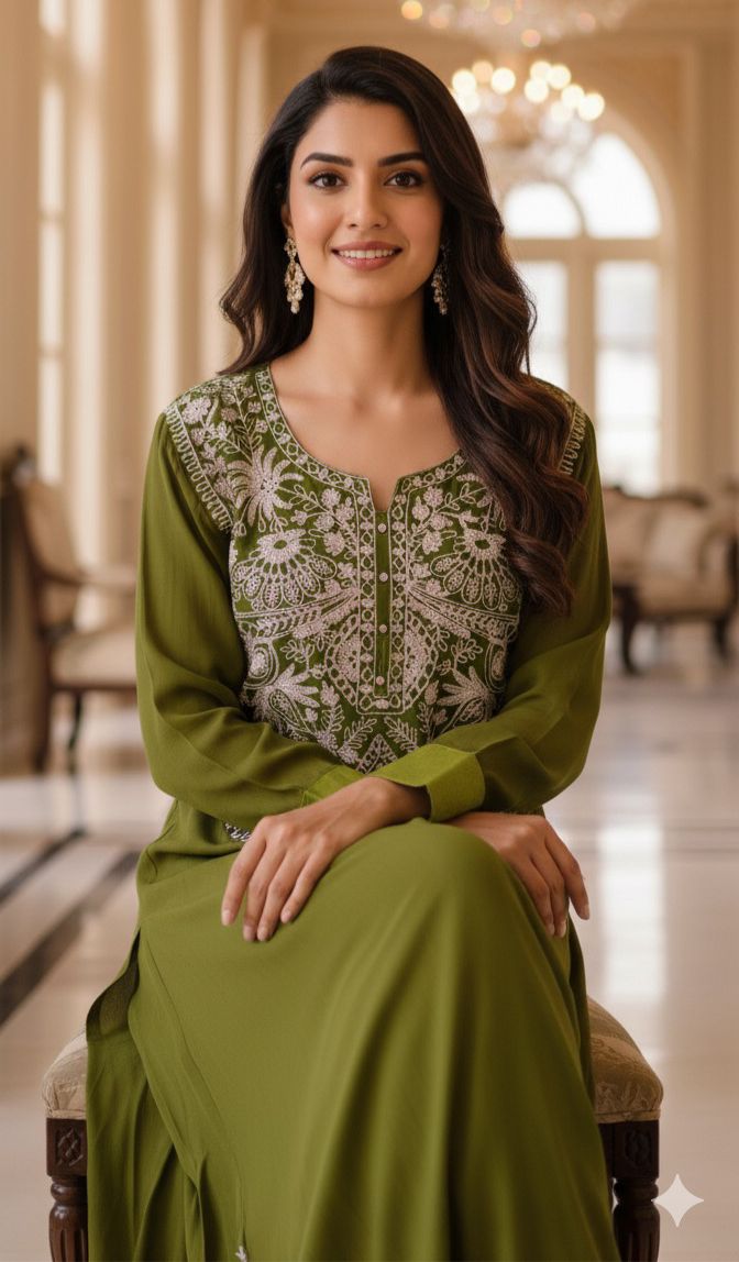 Imported Crepe Embroidered Zari Yoke Long Gown- 12087,12088