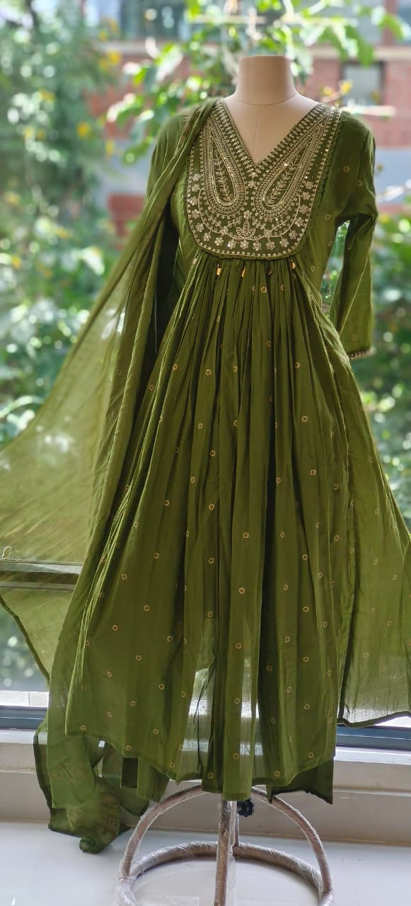 Summer Mul Cotton Embroidered Yoke Aline Full Suit Set With Dupatta- 12093,92,94,95