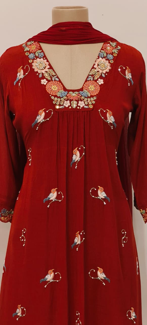 Crush Cotton Fabric Long Kurta With Thread Embroidery, Floral Yoke Design and Bird Patterns Full Set- 11471, 11470