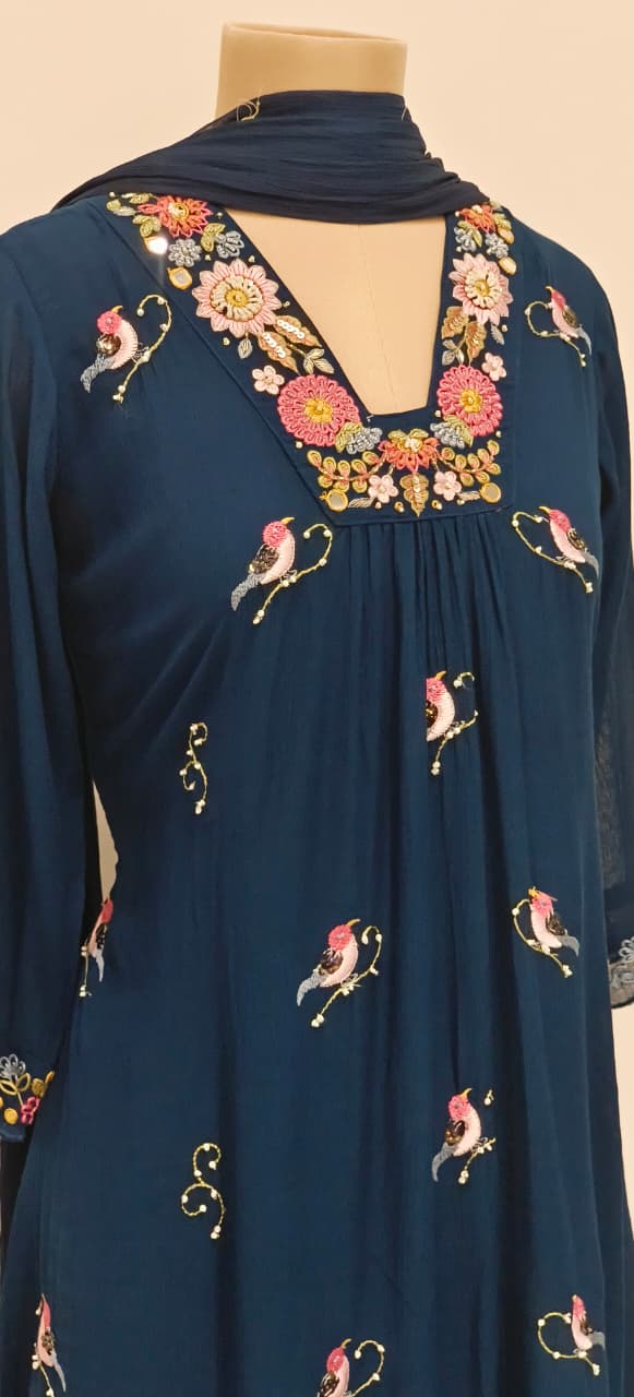 Crush Cotton Fabric Long Kurta With Thread Embroidery, Floral Yoke Design and Bird Patterns Full Set- 11471, 11470