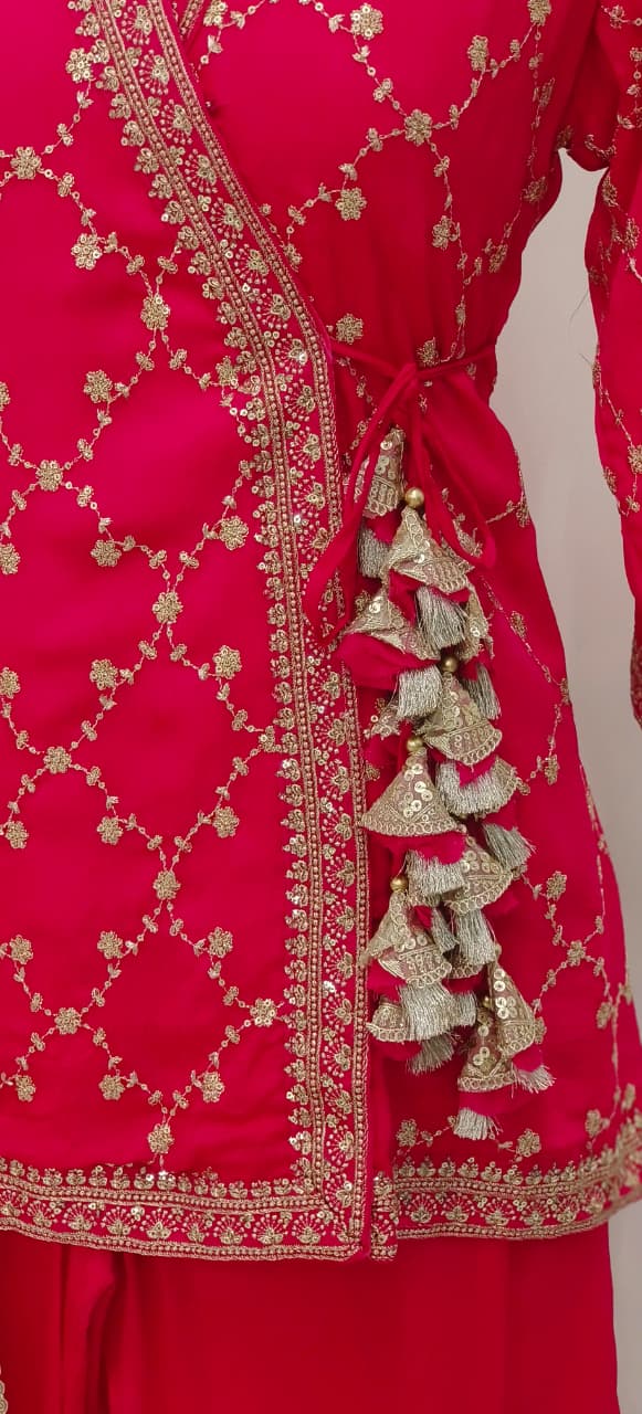 Embroidered Chinon Fabric Angrakha Style Top With Loose Bottom Kurta Set With Tassel Detailing Full Suit Set-12133,34,35