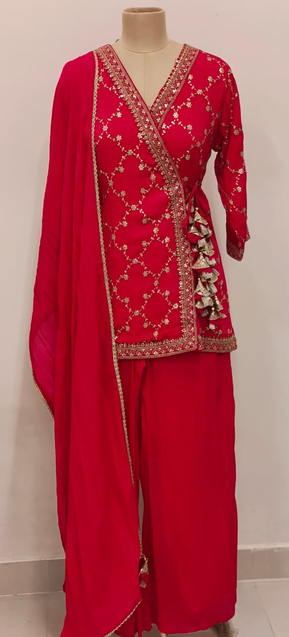 Embroidered Chinon Fabric Angrakha Style Top With Loose Bottom Kurta Set With Tassel Detailing Full Suit Set-12133,34,35