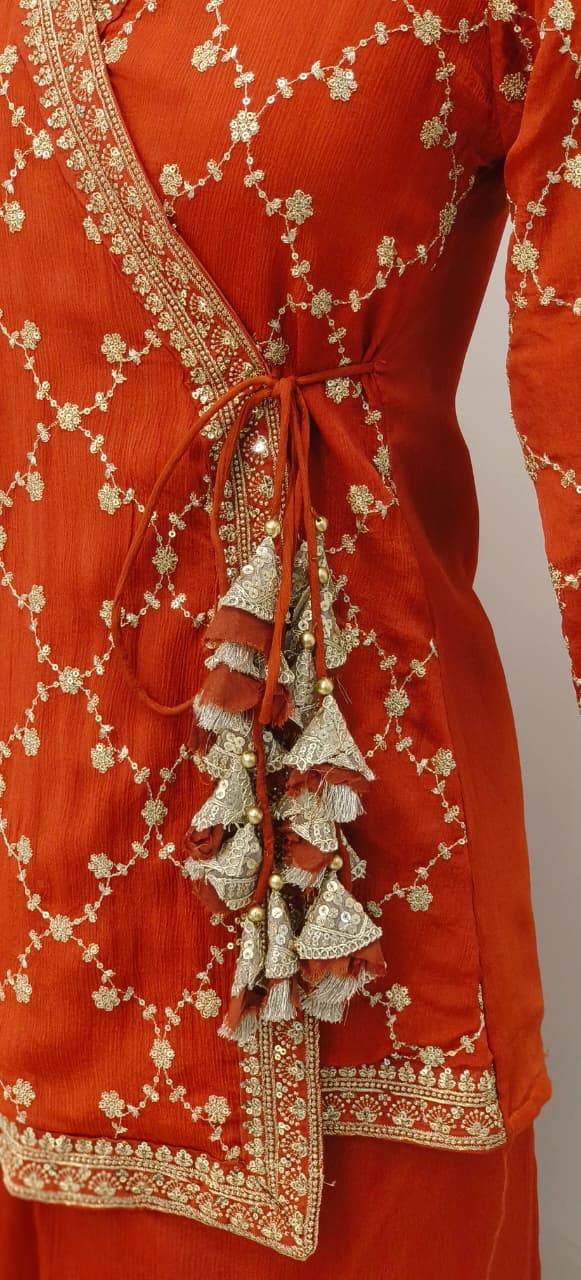 Embroidered Chinon Fabric Angrakha Style Top With Loose Bottom Kurta Set With Tassel Detailing Full Suit Set-12133,34,35