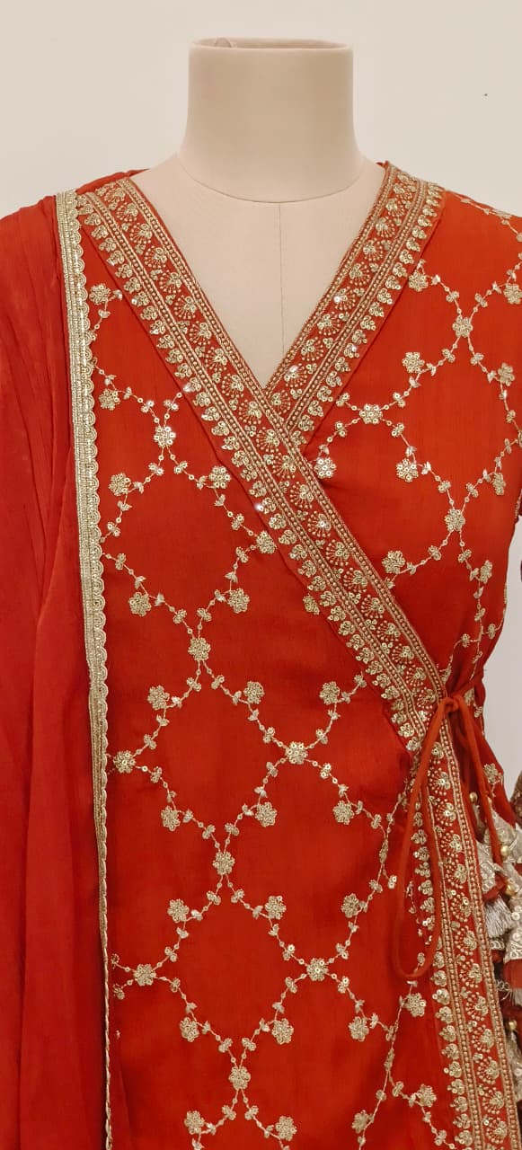 Embroidered Chinon Fabric Angrakha Style Top With Loose Bottom Kurta Set With Tassel Detailing Full Suit Set-12133,34,35