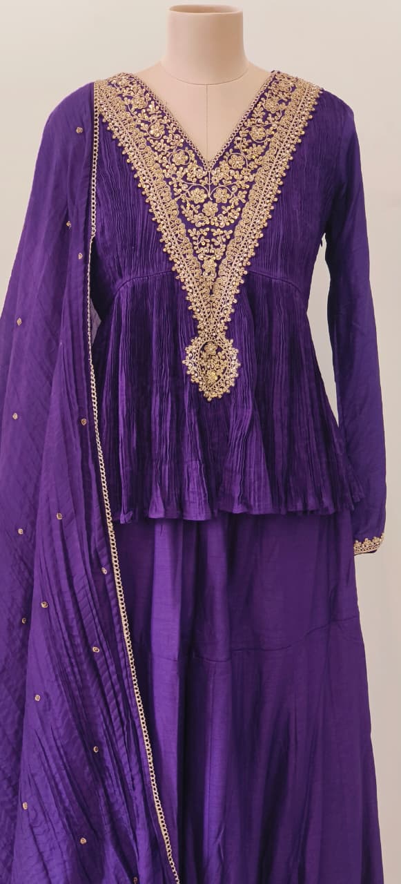 Very Stylish Zari Coiled V-Designed A-Line Short Kurta With Panel Palazzo Bottom & Dupatta In Crush Fabric- 12152