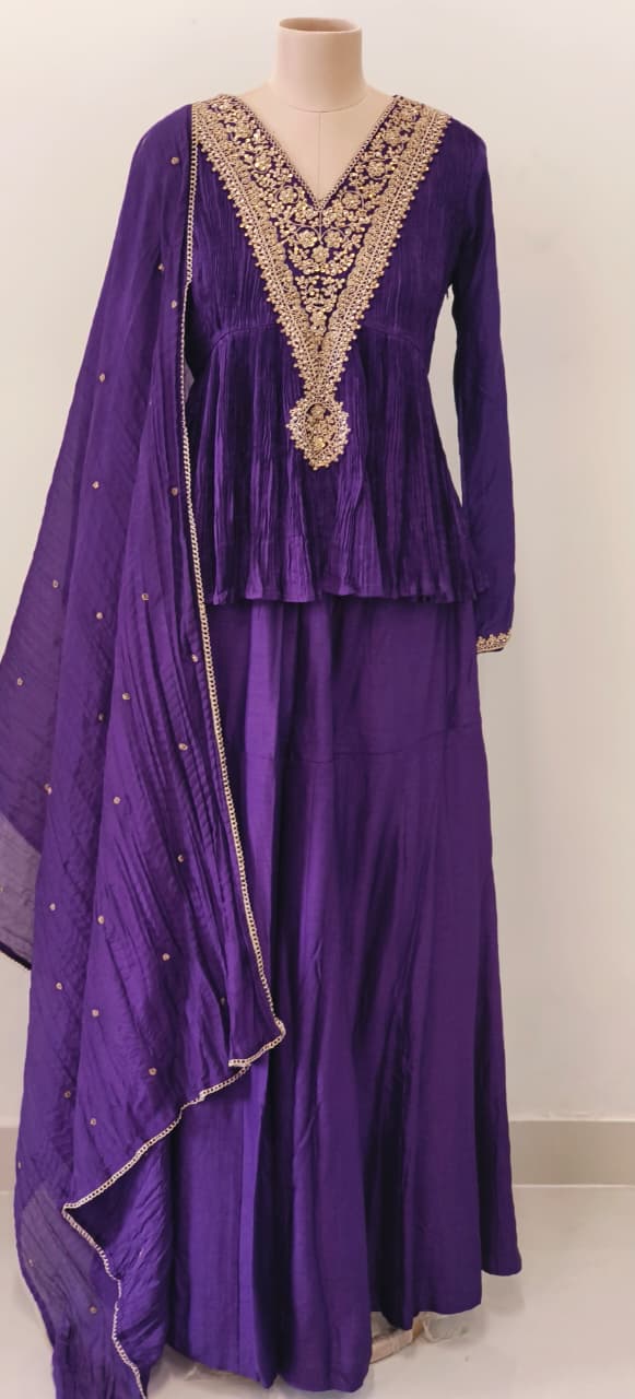 Very Stylish Zari Coiled V-Designed A-Line Short Kurta With Panel Palazzo Bottom & Dupatta In Crush Fabric- 12152